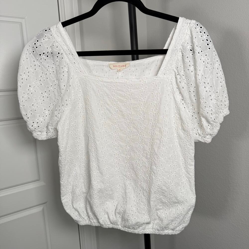Solitaire white blouse square neckline eyelet detailing puff sleeves size large